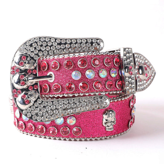 Skull Buckle Pink Shiny Strap With Crystal Studded Rhinestone Belt