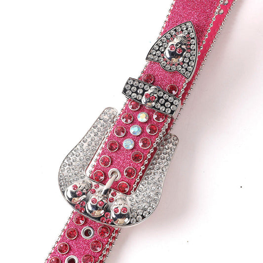 Skull Buckle Pink Shiny Strap With Crystal Studded Rhinestone Belt