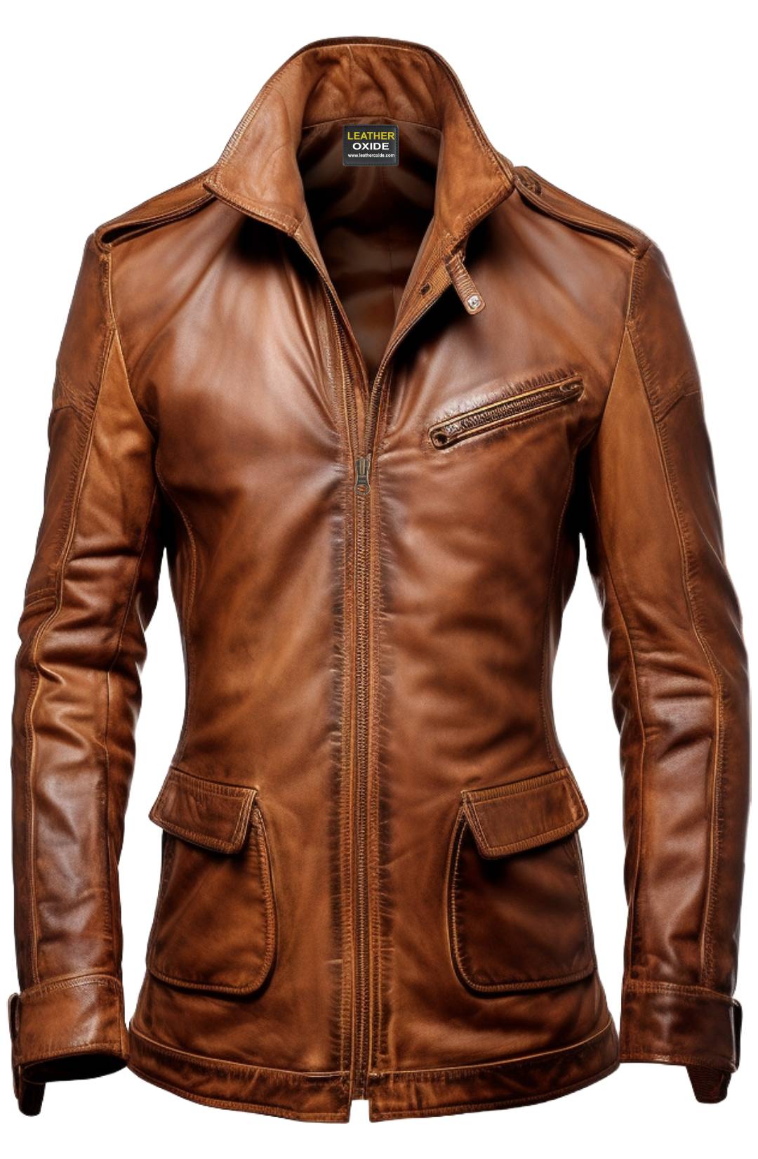 Brown Vintage Stylish Erect Collar Leather Coat