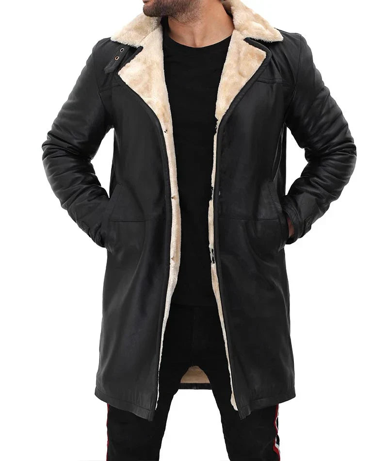 Men's Beige and Black Shearling Leather Coat