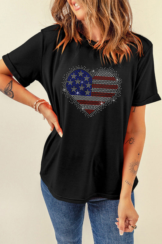 Heart Shape USA Flag Rhinestone Shirt