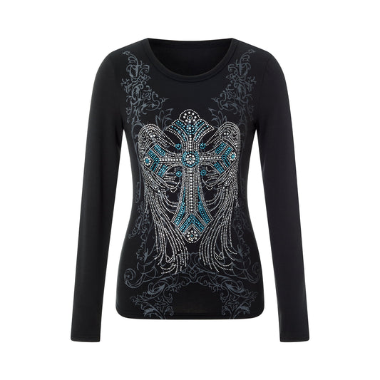 Cross Printed Rhinestone Shirt