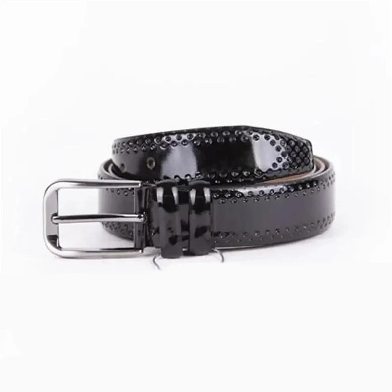 Black Mens Belt For Suit Patent Leather With Silver Buckle Genuine Leather Dress Belt 35 Mm