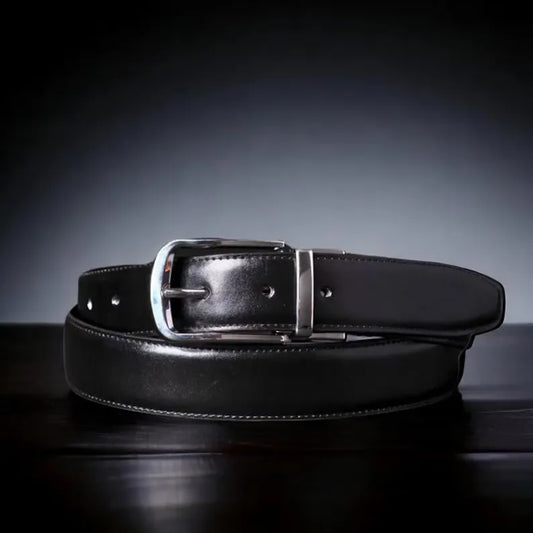 Leather Dress Belt with Stitched Feather Edges, Black/Brown Full Grain Leather