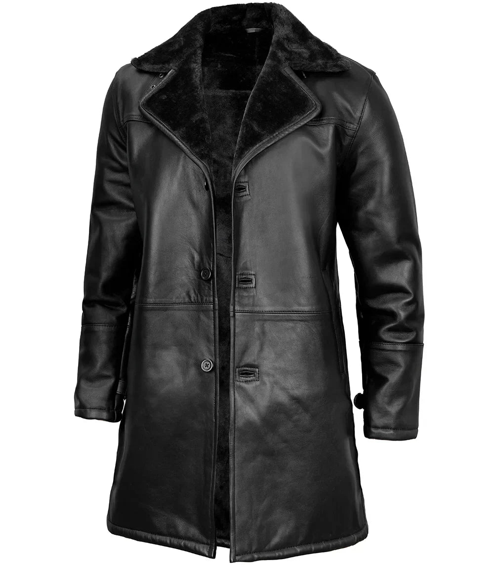 Men's Black Long Shearling Leather Coat