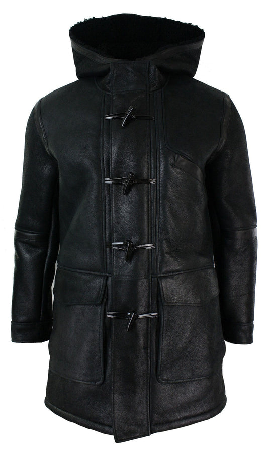 Black Shearling Duffle Coat with Real Leather and Hood